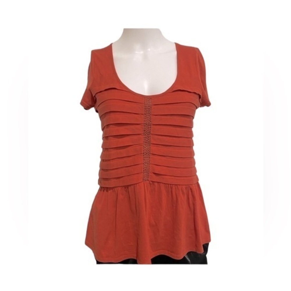 ANTHRO tuxedo ruffle scoop neck tee coral